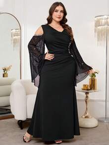 Reflora Plus Size Elegant Party Off-Shoulder Beaded & Sequin Decor Mesh Patchwork Flare Sleeve Dress - Black - View 7