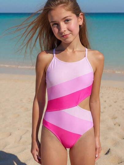 SHEIN Tween Girls' Fitted Casual Splice Colorblock Pattern Swimsuit Set