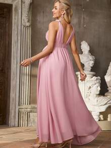 SHEIN Pink Summer Elegant Maternity Dress For Photoshoot,Pregnant Wedding Clothes,Solid Color Ruched Design Comfortable Camisole Dress - Pink - View 2
