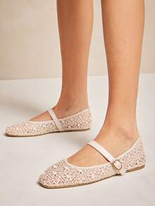 SHUZIA Women's Comfortable Floral Knitted Lace Round Toe Ballet Flats - Beige - View 2
