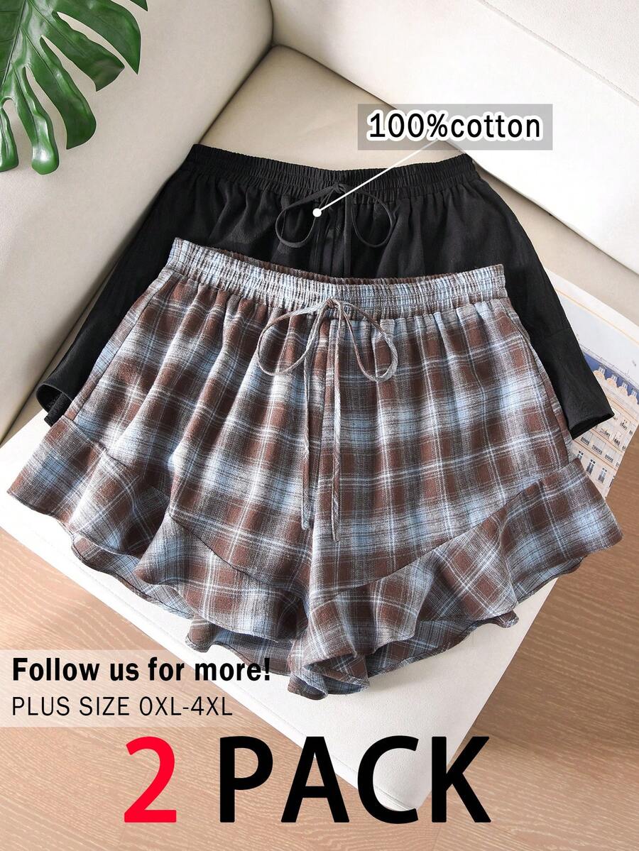 CosyJoli 大码纯色短裤，法式荷叶边下摆 - 彩色 - 查看 1