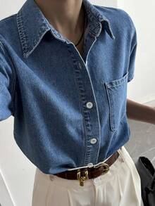 Dazy Tall Áo sơ mi denim nữ tay ngắn cổ bẻ dáng rộng, kiểu dáng thường ngày. - Rửa trung bình - Xem 5