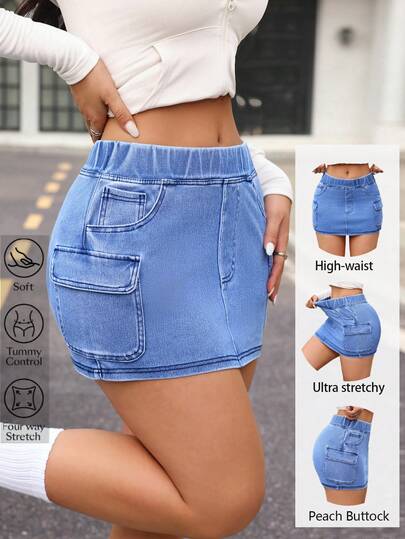Flexra Women's Elastic Waist Cargo Pocket Bodycon Denim Mini Skirt