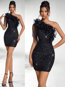 Glamrae Đầm cocktail màu đen thanh lịch và lộng lẫy với chất liệu organza đính sequin tinh tế, cổ áo bất đối xứng, phù hợp cho tiệc độc thân, hẹn hò buổi tối, năm mới, dạ hội, tiệc bán chính thức, sinh nhật, dự đám cưới, lễ tốt nghiệp, tiệc tối, lễ hội, ngày Valentine. - màu đen - Xem 2