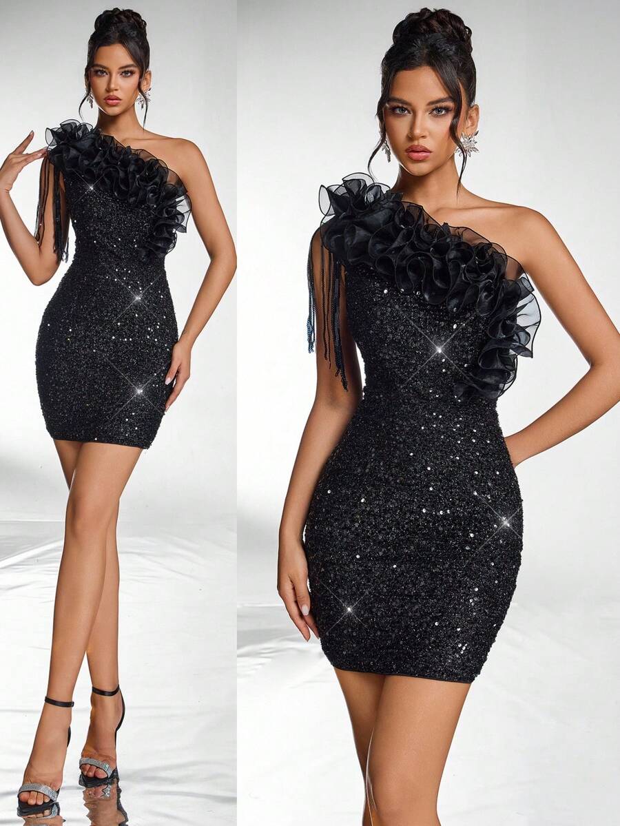 Glamrae Đầm cocktail màu đen thanh lịch và lộng lẫy với chất liệu organza đính sequin tinh tế, cổ áo bất đối xứng, phù hợp cho tiệc độc thân, hẹn hò buổi tối, năm mới, dạ hội, tiệc bán chính thức, sinh nhật, dự đám cưới, lễ tốt nghiệp, tiệc tối, lễ hội, ngày Valentine.