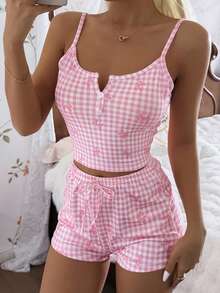 ZzzCrew Bộ đồ ngủ dáng ôm, thời trang thường ngày, họa tiết kẻ caro hồng và nơ, cúc trắng. - Hồng - Xem 3