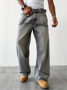 PAVTROS Washed Ash Grey Loose Straight Leg Jeans With English Slogan Print, Casual Street Style, Spring/Summer - Grey - View 1