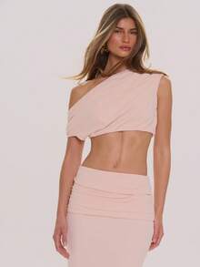 MUSERA Asymmetric Off Shoulder Crop Top And Low Rise Maxi Skirt Set Co-Ord Spring Summer Elegant Wedding Guest Vacation Holiday Occasion Honeymoon Cafe - Khaki - View 2