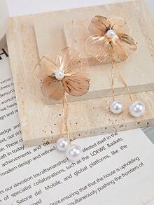 Enchnt 1 对时尚优雅的花瓣形多层珍珠流苏耳环，夸张设计，独特个性化，欧美风格，高端女士珠宝 - 金色 - 查看 2