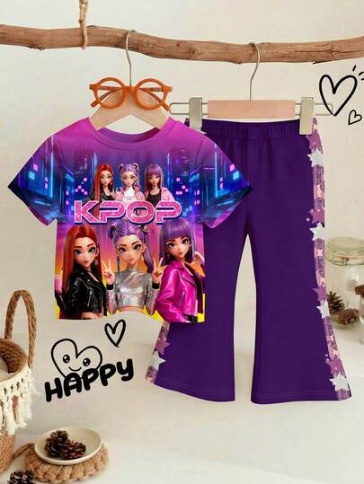 SHEIN Baby Girl Casual Minimalist Short Sleeve Round Neck T-Shirt And Flare Pants Set, Suitable For Spring/Summer