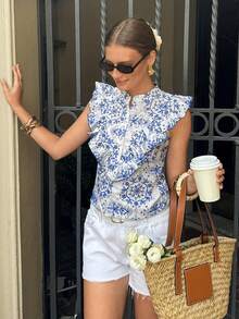 Serisse 女士夏季休闲花卉刺绣荷叶边下摆衬衫 - 藍白色 - 查看 5