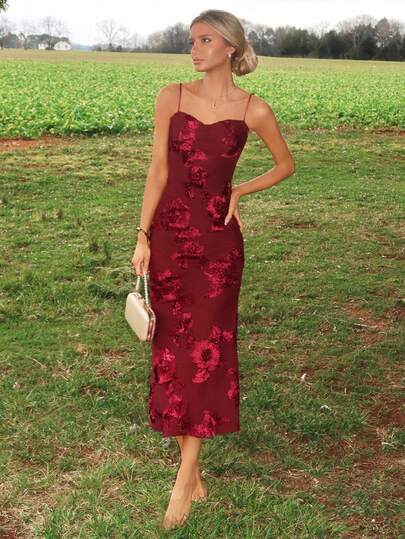 Sydney Algeri 3D立体花卉性感紧身吊带裙