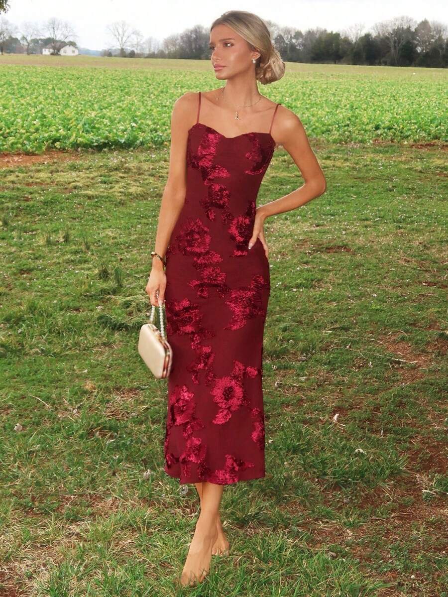 Sydney Algeri 3D立体花卉性感紧身吊带裙，红色连衣裙，圣诞节，新年连衣裙，女士优雅派对连衣裙 - 酒紅色 - 查看 1