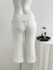 Elamini Women's Casual 6-Inch Waist Button Design Skinny Jeans - White - View 2