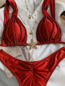 Swim Chiccia 女士两件套浪漫复古性感优雅沙滩/约会套装，采用粗肩带、褶皱设计、大地色系，女士比基尼泳装度假套装，女士比基尼沙滩套装，红色比基尼套装，女士泳衣套装，编织比基尼上衣，女士比基尼套装，女士沙滩套装，女士度假套装，女士带罩衫比基尼，女士沙滩套装，女士比基尼套装 - 紅色 - 查看 4