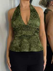 Bethéva Women's Floral Print Halter Deep V-Neck Cinched Waist A-Line Backless Camisole - Army Green - View 3