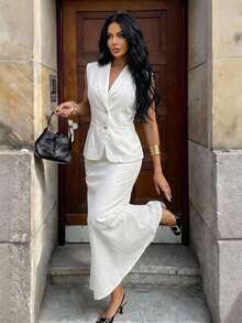 Aloruh New Minimalist Sexy Fashion Commuter Golf Twist Waist Cardigan Vest And Fishtail Skirt Set, Versatile For Party, Music Festival White Summer - Beige - View 1