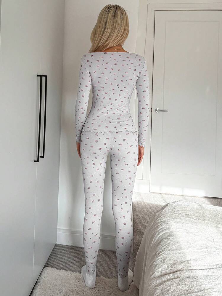 2pcs Women's Lace Patchwork Ditsy Floral Long Sleeve Top And Pants Pajama Set, Spring Loungewear