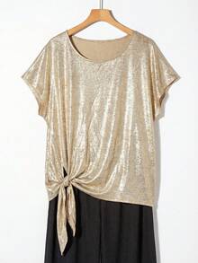 SHEIN Clasi Bộ đồ 2 mảnh dành cho nữ cỡ lớn, in hình dơi bằng giấy bạc, tay ngắn thắt nút và quần ống rộng, kiểu dáng thường ngày. - Nhiều màu - Xem 4