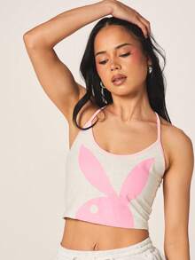 Missguided x Playboy Women Halterneck Tank Top With Bunny Graphic Print And Crisscross Back Straps Casual Summer Fashion - Grey - View 4