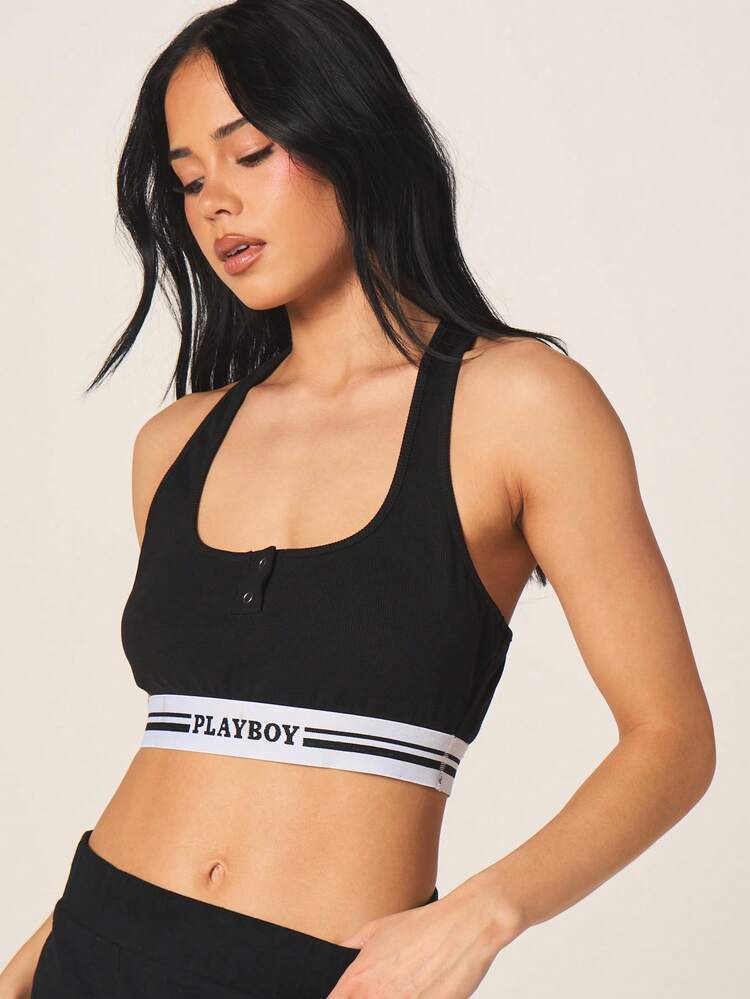 Missguided x Playboy Black Ribbed Scoop Neck Crop Top With Contrast Logo Band Detail And Button Front Closure