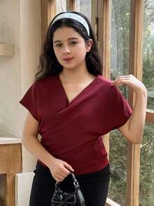 Dazy Kids Tween Girls V-Neck Short Sleeve Shirt Summer - Burgundy - View 1