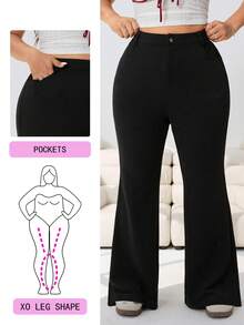Solflare Pantalon évasé casual de couleur unie pour femmes grandes tailles, printemps/été - Noir - Voir 1