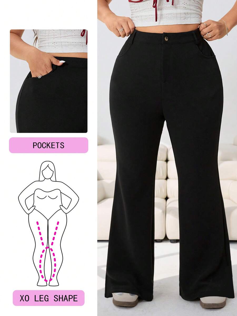 Solflare Pantalon évasé casual de couleur unie pour femmes grandes tailles, printemps/été - Noir - Voir 1
