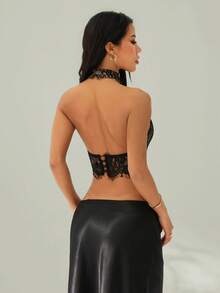 SHEIN PETITE 女士蕾丝吊带露背性感黑色吊带衫 - 黑色 - 查看 2