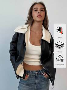 Aloruh 谷仓夹克，女士秋冬新款日常旅行通勤时尚长口袋保暖内衬保暖毛绒皮革毛领夹克拉链外套 - 黑色 - 查看 2