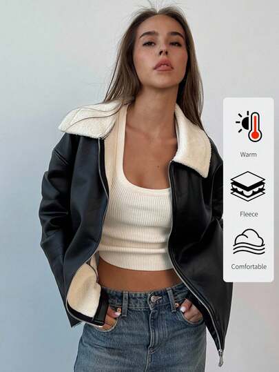 Aloruh Chaqueta de establo, nueva chaqueta con cierre de cremallera, de estilo diario de viaje y trabajo para mujer en otoño e invierno, con bolsillos largos, forro térmico, cálido y peludo, con cuello de piel