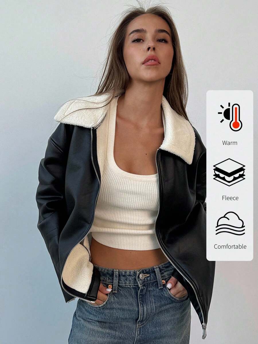 Aloruh 谷仓夹克，女士秋冬新款日常旅行通勤时尚长口袋保暖内衬保暖毛绒皮革毛领夹克拉链外套