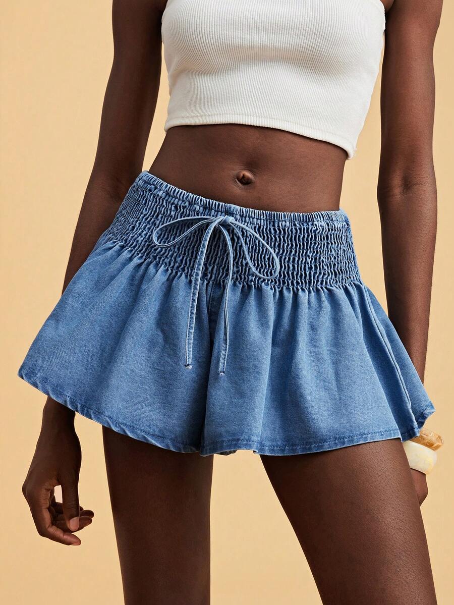 Travachic Women's Summer Casual Vacation & Commute Drawstring Waist Denim Skorts - Light Wash - View 1