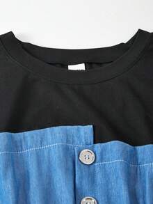 Teen Girls Knit Crew Neck T-Shirt With Denim Effect Woven Patchwork Dress - Multicolor - View 5