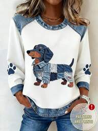 EMERY ROSE Camiseta de manga larga con cuello redondo y estampado de perrito casual de mezclilla para mujer