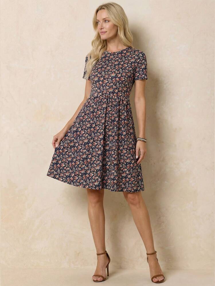 Valentine's Day Ladies' Summer Round Neck Floral Print A-Line Short Elegant Dress