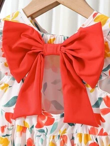 SHEIN Elladie kids 女童春夏新款休闲时尚连衣裙，红色花卉数码印花图案，圆领无袖荷叶袖，后背镂空设计，红色3D蝴蝶结装饰，腰部褶皱荷叶边下摆，适合年轻女孩穿着，可爱舒适。 - 橘色 - 查看 3