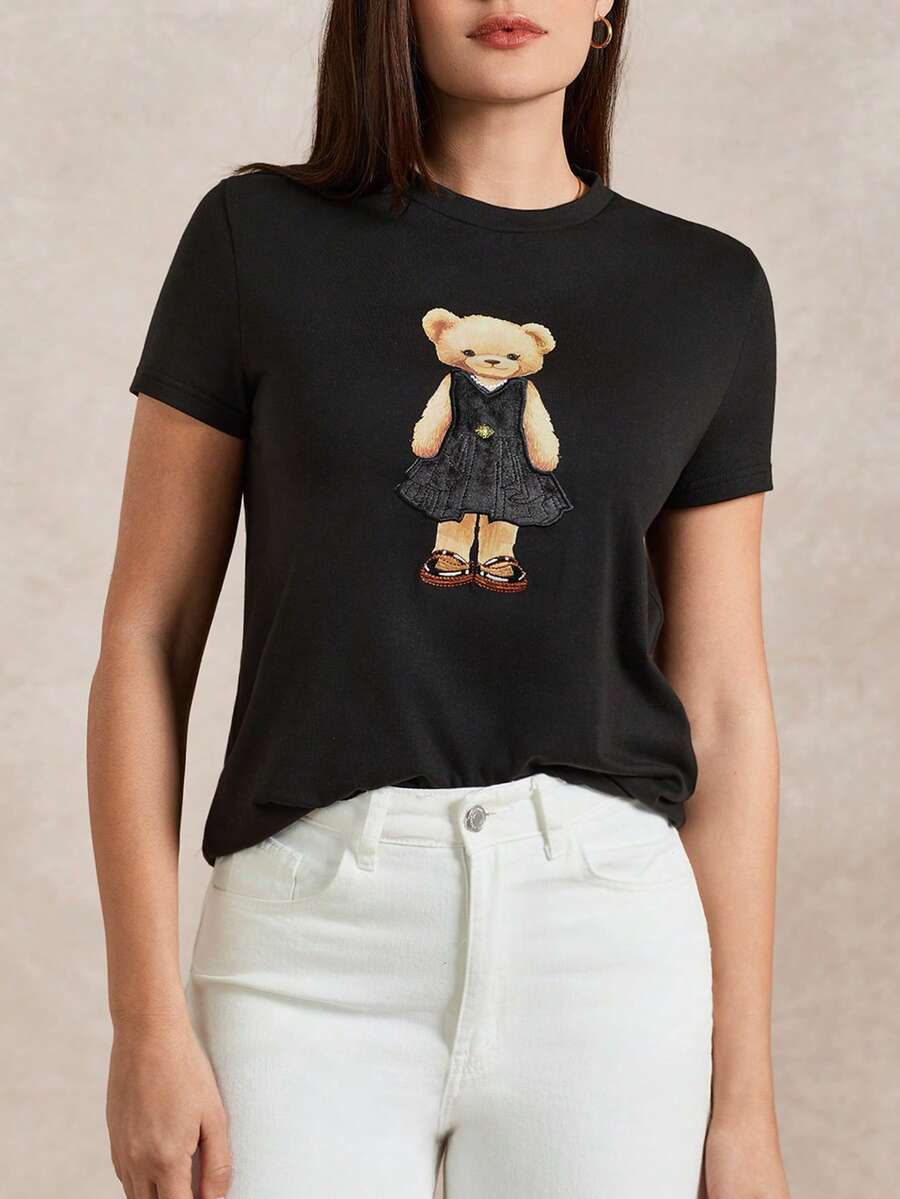 Briarwyn 女士休闲小熊印花短袖T恤，夏季 - 黑色 - 查看 1
