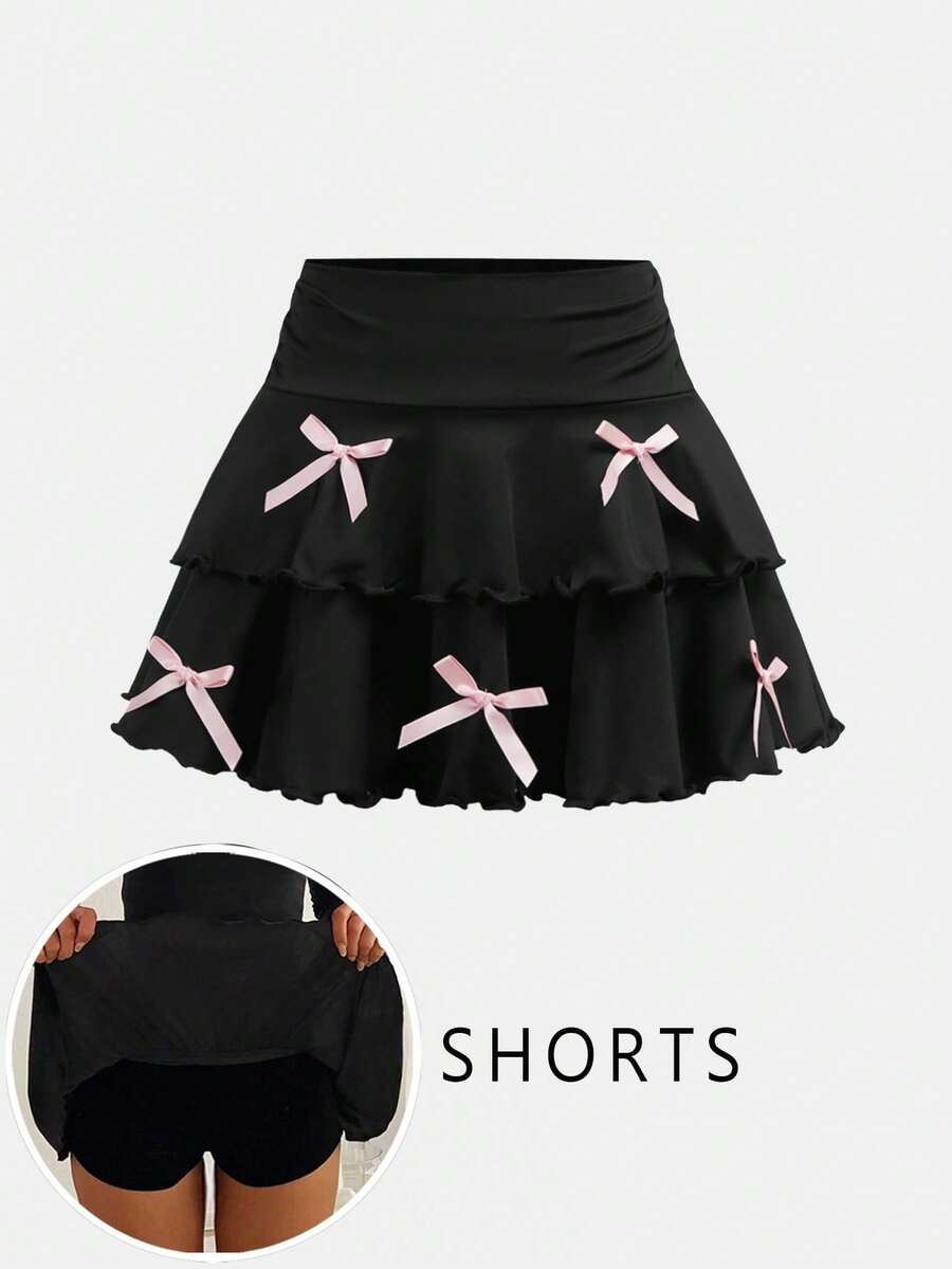 SHEIN Girlism 少女休闲、运动、校园、返校季、黑色层叠荷叶边裙短裤，蝴蝶结装饰，甜美又酷炫，黑粉色，春夏，清爽，基础款，日常百搭，运动时尚夏季，返校季，校服 - 黑色 - 查看 1