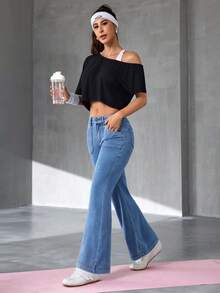 Flexra 女士休闲时尚街头日常通勤低腰喇叭牛仔裤 - 藍色 - 查看 4