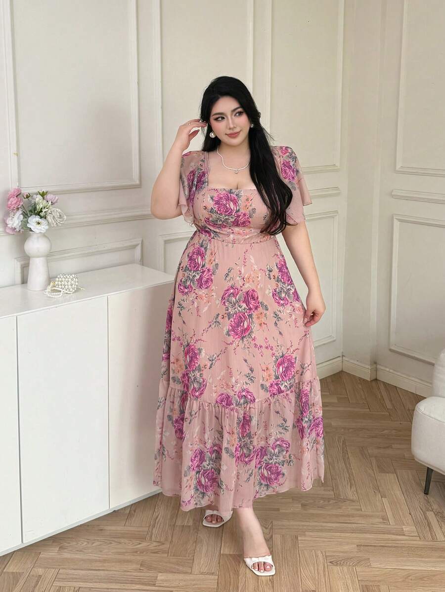 Vibekara Vestido de manga con volantes con estampado floral elegante de talla grande, primavera/verano - Multicolor - Ver 1