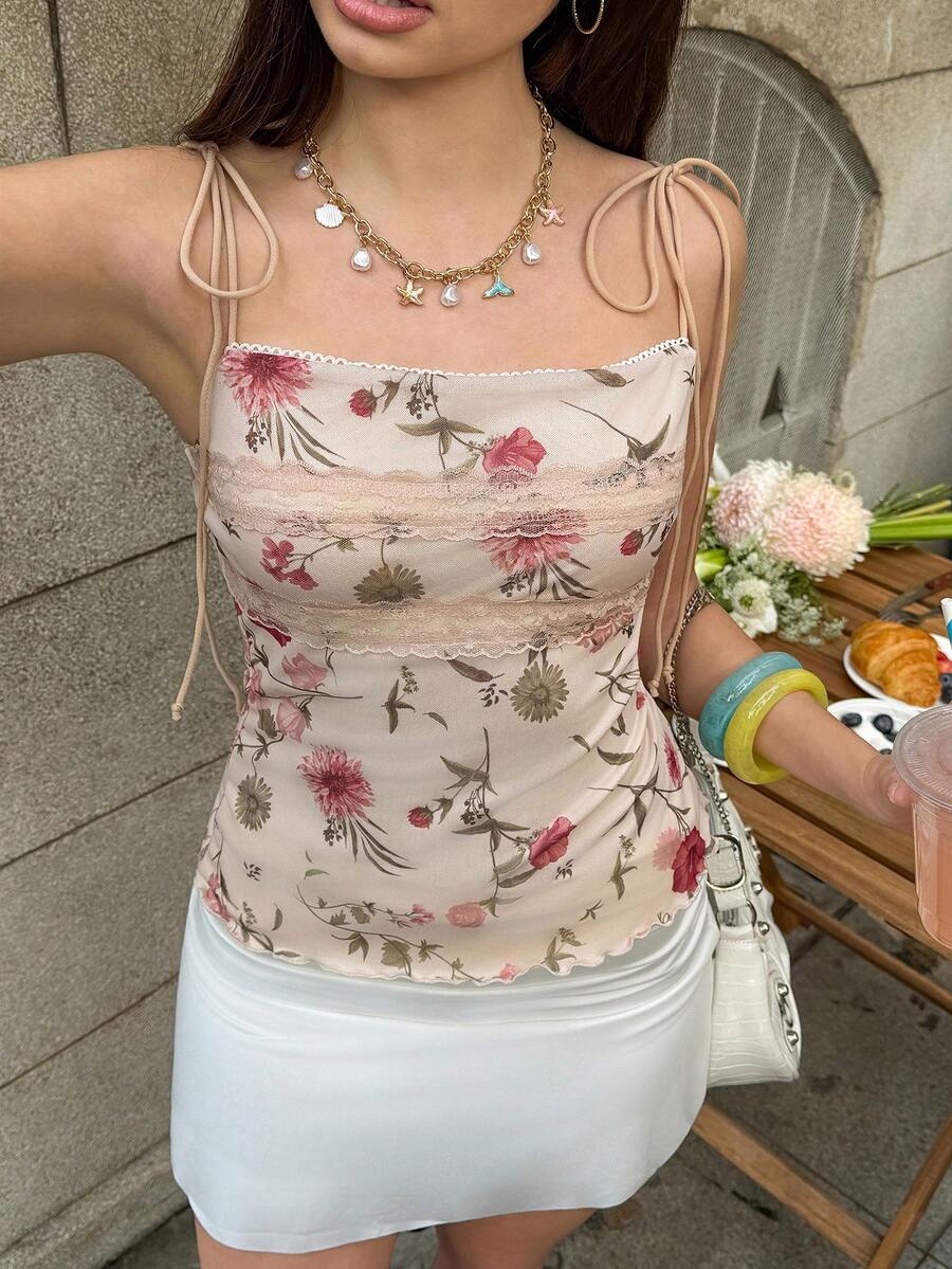 MainGRL 针织杏粉色印花网眼女式吊带背心 - 杏色 - 查看 1