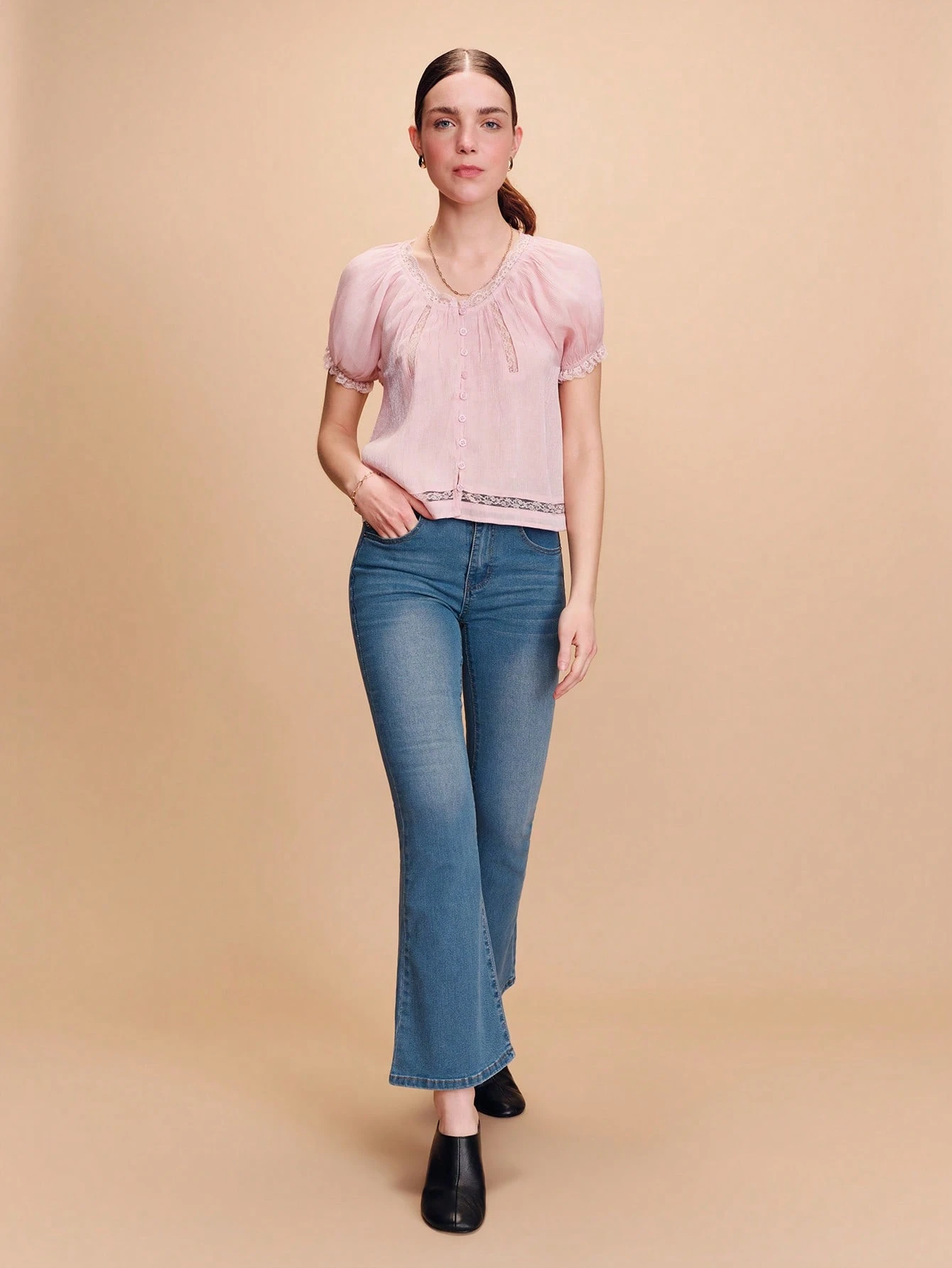 Light Pink Romantic Top With Short Puff Sleeves And Lace Details Vintage Top Spring Summer French Style Parisian Style