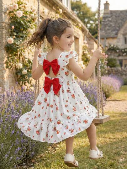 SHEIN Young Girl Summer Casual Ditsy Floral Bowknot Decor Dress