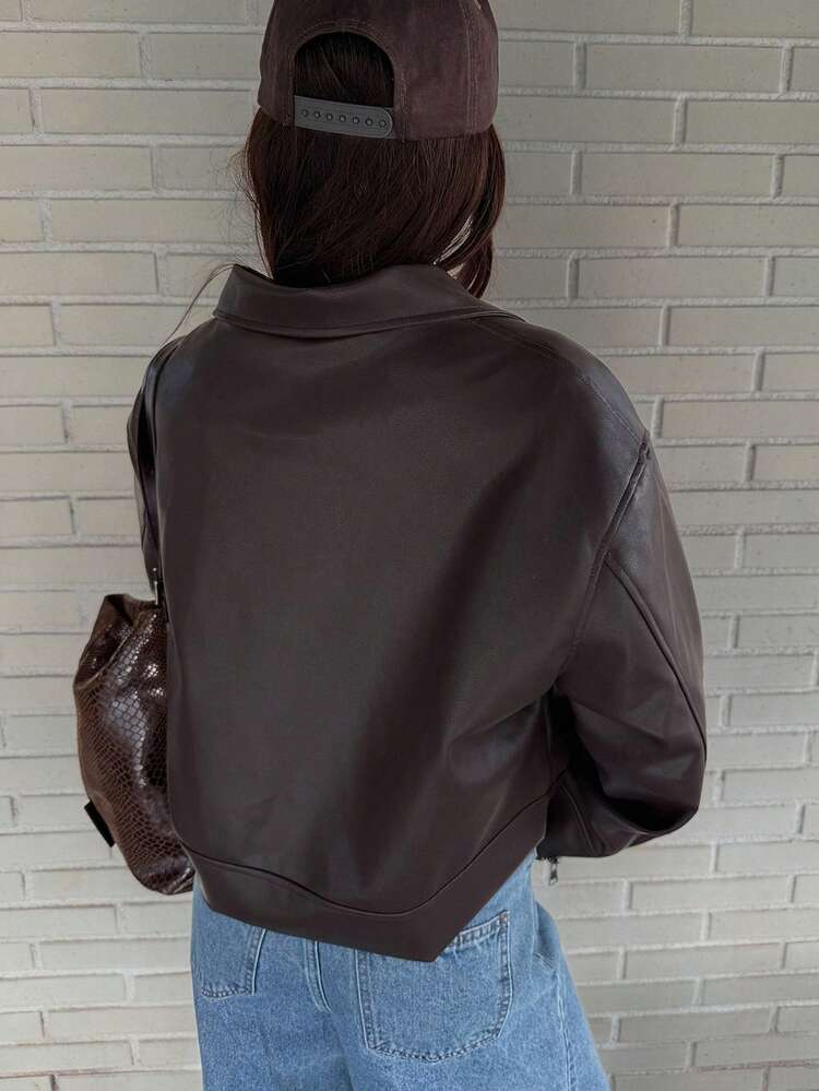 Women's Loose Fit Lapel PU Jacket, Coffee Brown, Suitable For Spring Outfits & Autumn/Winter