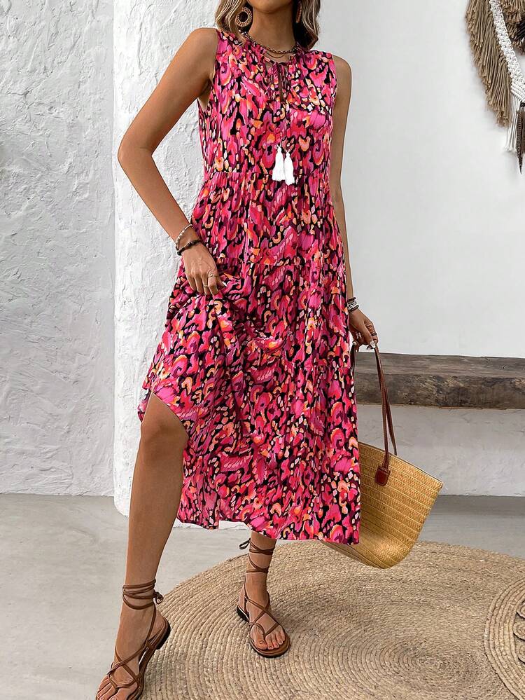 SHEIN Holidaya Robe décontractée sans manches à imprimé aléatoire pour femmes, style simple pour les vêtements du Nouvel An, tenue de vacances et de plage maxi - Multicolore - Voir 3