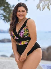 Swim Lushoire Plus Size Vacation Print Color Block One-Piece - Multicolor - View 3
