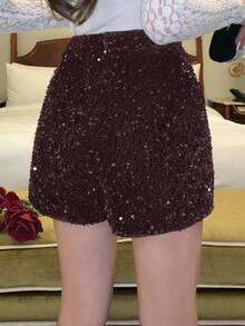 DAZY Women's Elegant Sequin Decorated Shorts, Spring/Summer - Coffee Brown - View 2