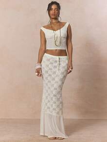 MUSERA Tie Front Off The Shoulder Lace Detail Mesh Waist Panel Top With Tie Front Low Waist Lace Floral Mesh Hem Maxi Skirt Cute Spring Holiday Girly Sugar Salt - White - View 5