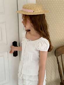 DAZY Tween Girls Solid Color Fitted Tie-Waist Puff Sleeve Blouse, Fall Summer - White - View 4